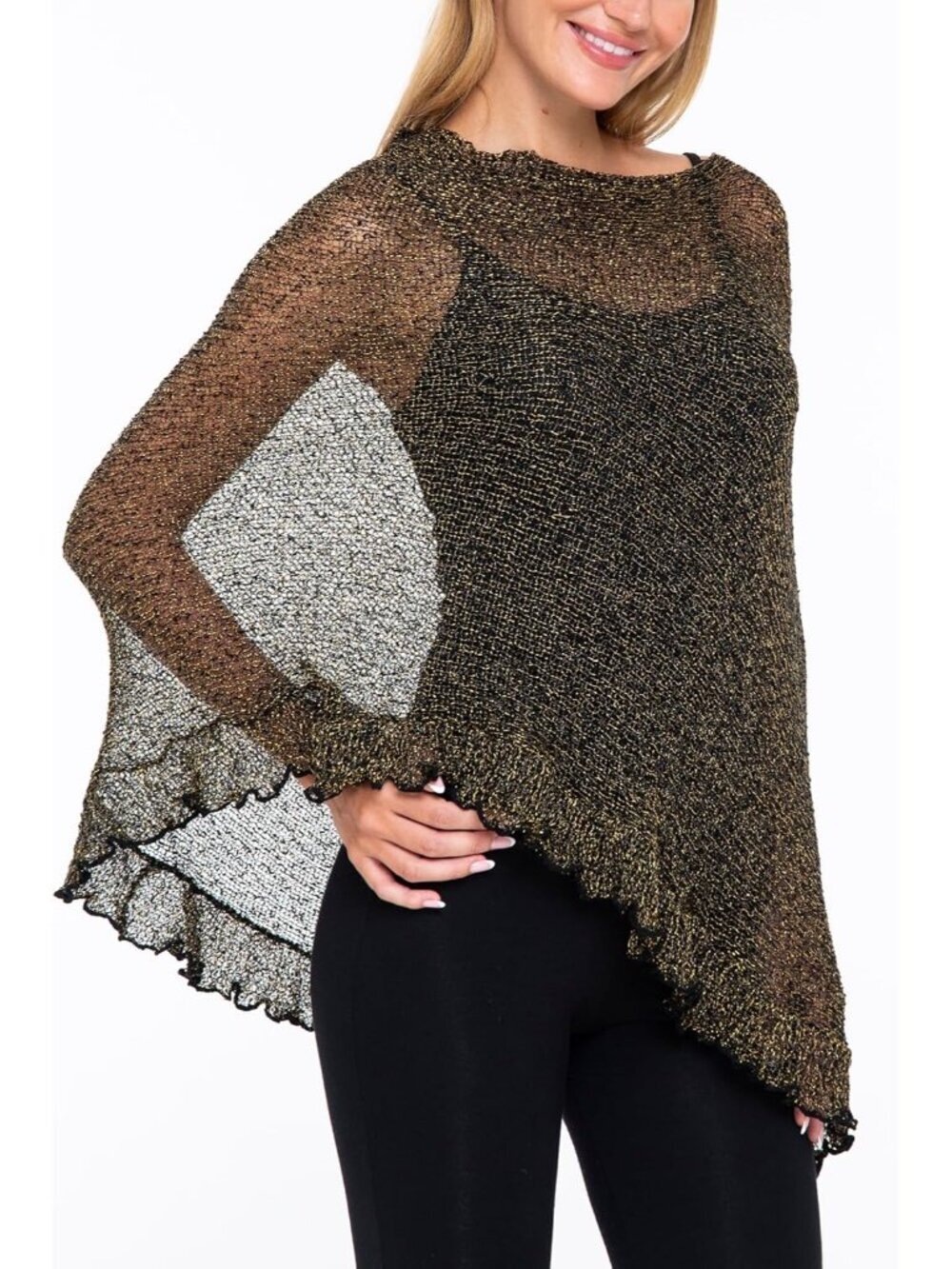 〽️Women Black Gold Sheer Knit Poncho Shrug Lightweight Asymmetrical Ruffle Wraps